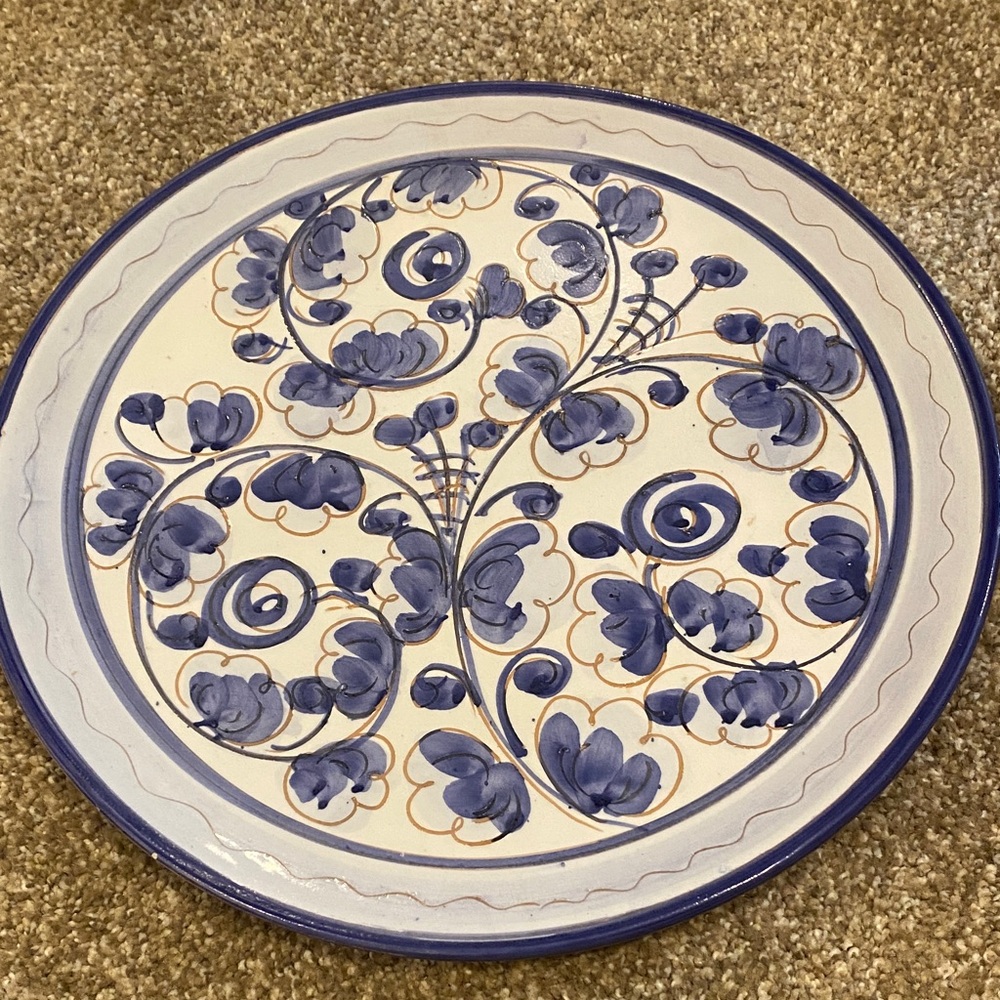 Handcrafted Tuscan Blue & Grey/White Floral Platter